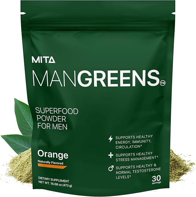 Man Greens Science Based Dosed Superfood Powder for Men with Tongkat Ali &amp KSM-66 Ashwagandha &amp More | Naturally Sweetened Greens &amp Adaptogen Supplement | Orange Flavor | 30 Servings