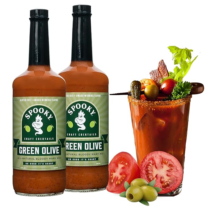 SPOOKY - Green Olive Bloody Mary Mix - Made With All Premium Natural Ingredients - No Artificial Color or Flavor - No Preservative No MSG Low Carb Low Calorie &amp Gluten Free - 32 Oz (Pack of 2)