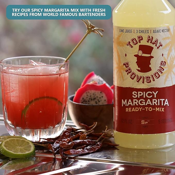 Top Hat Spicy Margarita Drink Mix - Handcrafted with 3 Chiles Pineapple Organic Agave Nectar &amp Organic Lime Juice - Low Calorie - 2 Pack of 32oz Bottles
