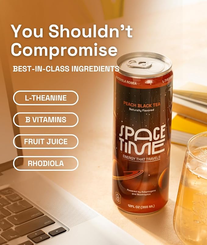 SpaceTime Productivity &amp Focus Energy Drink – Real Juice Infused Nootropic Drink with 50mg Organic Caffeine L-Theanine Rhodiola &amp B Vitamins – Clean Low-Caffeine Brain Boost – Peach Black T