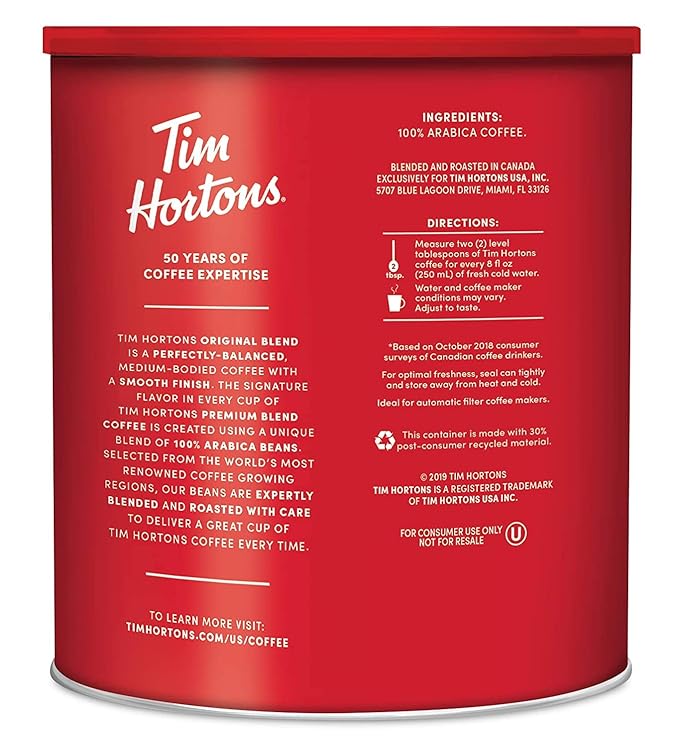 Tim Hortons Original Blend Medium Roast Ground Coffee Canada’s Favorite Coffee Made with 100% Arabica Beans 32.8 Ounce Canister