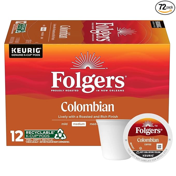 Folgers K Cups 100% Colombian Coffee for Keurig Makers Medium Roast 72 Count