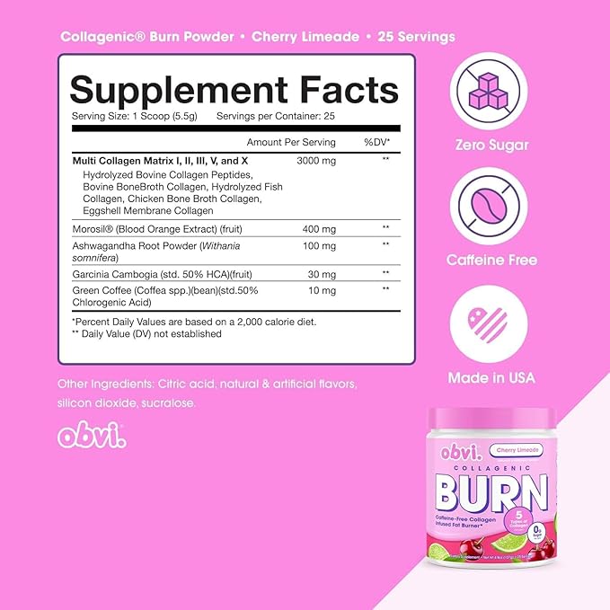 Obvi Collagenic Burn Powder | Collagen Peptide Blend with GBB Ashwagandha &amp Green Coffee | Boosts Metabolism Energy and Wellness | Supports Skin Hair Nails Joints | Cherry Limeade 25 Serving