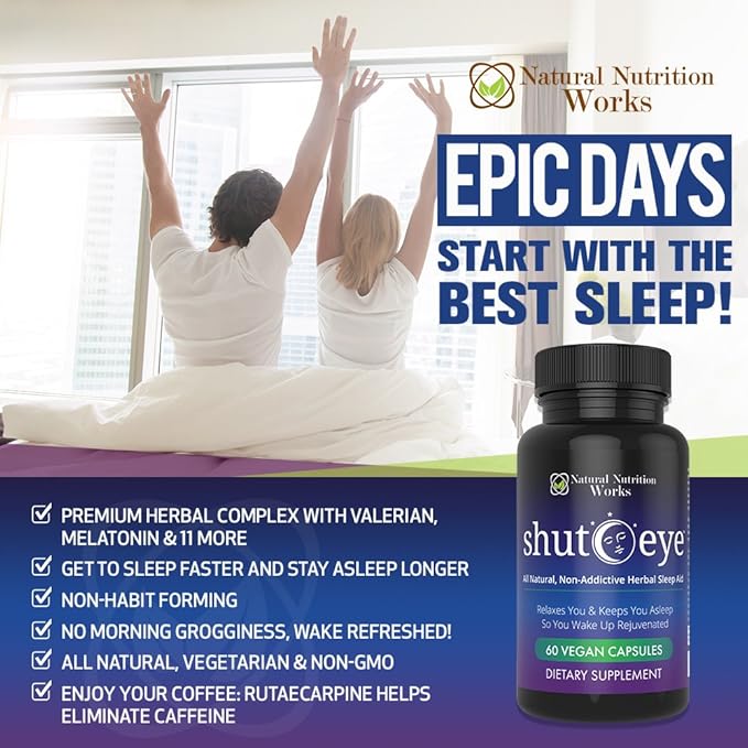Shut-Eye- The Most Potent Natural Sleep Aid &amp Caffeine Neutralizer! All Natural Non-Addictive Herbal Complex w/Valerian Melatonin Rutaecarpine &amp 10 More