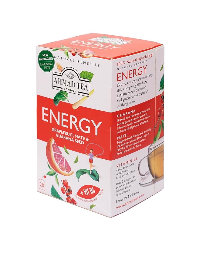 Ahmad Tea Herbal Tea Grapefruit Mate Guarana Seed &amp Vitamin B6 'Energy' Natural Benefits Teabags 20 ct (Pack of 6) - Caffeinated &amp Sugar-Free