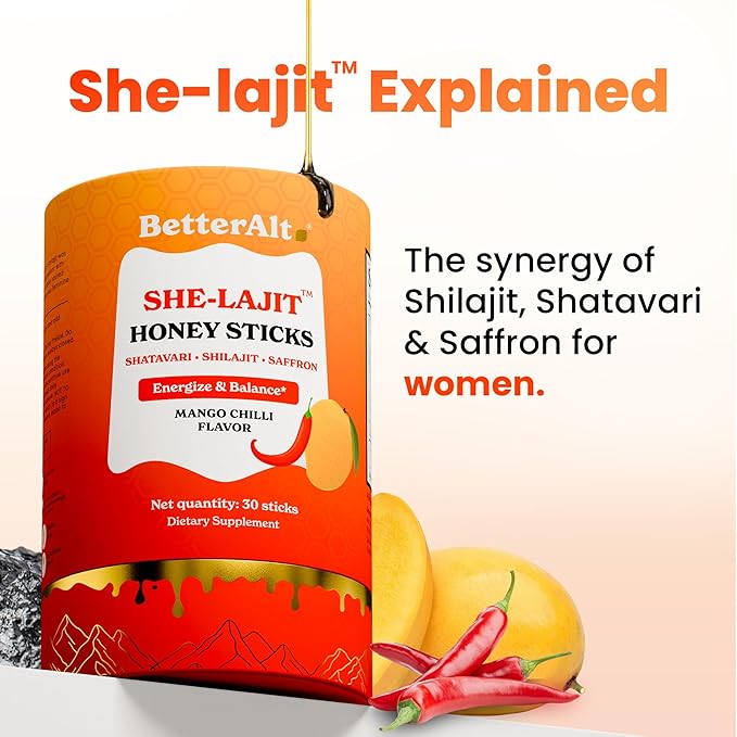 Better Alt She-Lajit Honey Sticks Mango Chilli Flavor | with Shatavari Shilajit &amp Saffron | 85+ Nutrients for Vitality &amp Stamina| 30 Sticks