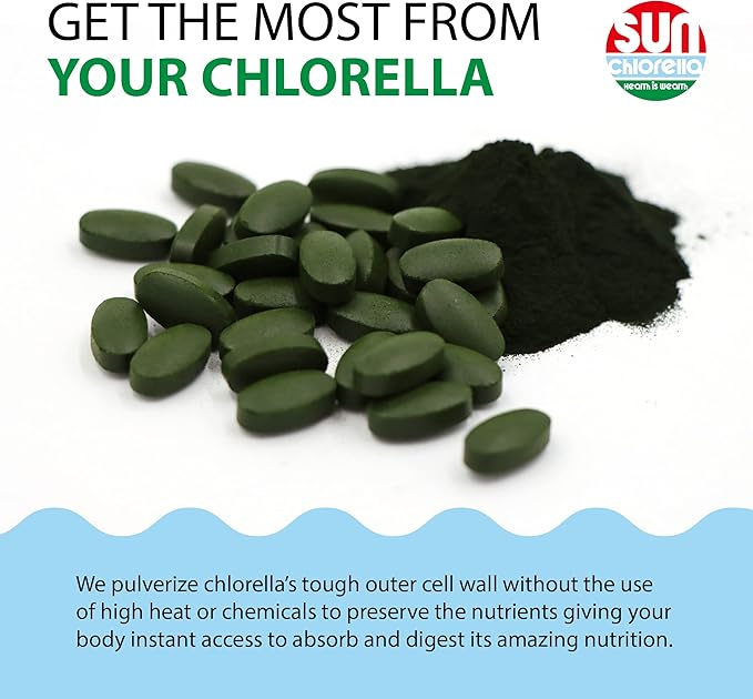 Sun Chlorella 500mg Whole Body Wellness Green Algae Superfood Supplement - Immune Defense Gut Health Natural Purification Energy Boost - Chlorophyll B12 Iron Protein - Non-GMO - 600 Tablets