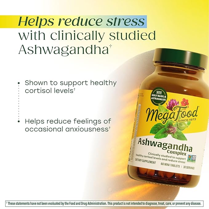 MegaFood Ashwagandha Complex (Formerly Stress Protect) - Ashwagandha Supplements Astragalus Root &amp Holy Basil - Vegetarian Gluten Free Cortisol Supplement - 60 Mini Tablets 30 Servings