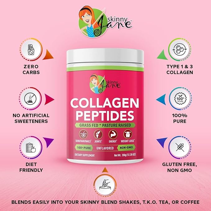 Skinny Jane Collagen Peptides Powder - Rejuvenates Skin - Healthy Hair and Nails -Supports Joints - Keto Friendly Zero Carbs - Unflavored - 35 Servings
