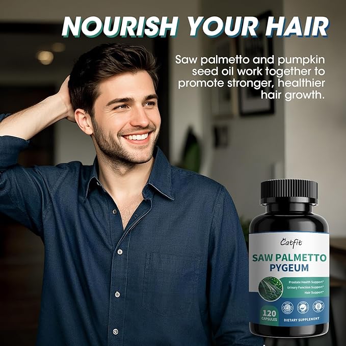 Catfit Saw Palmetto for Men – Prostate Health &amp Urinary Support &amp DHT Blocker Hair Health with Biotin 6000mcg Pumpkin Seed Oil Pygeum &amp Lycopene – Energy &amp Vitality Formula 120 Cap