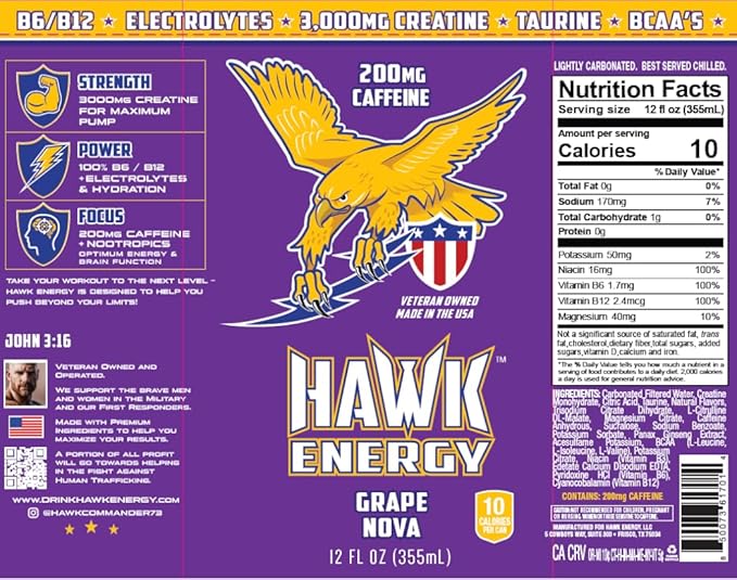 HAWK ENERGY PERFORMANCE - GRAPE NOVA - Premium Sugar Free Energy Drink - 12 Pack - 12 oz cans - Focus and Power - 3000 mg Creatine 200mg Caffeine BCAA's B6/B12 Taurine and L-Carnitine 100% Vetera