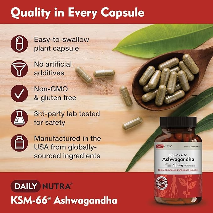 DailyNutra KSM-66 Ashwagandha 600mg Organic Root Extract - High Potency Supplement with 5% Withanolides | Relieves Tiredness Supports Relaxation Focus Energy &amp Muscle Growth (60 Capsules)