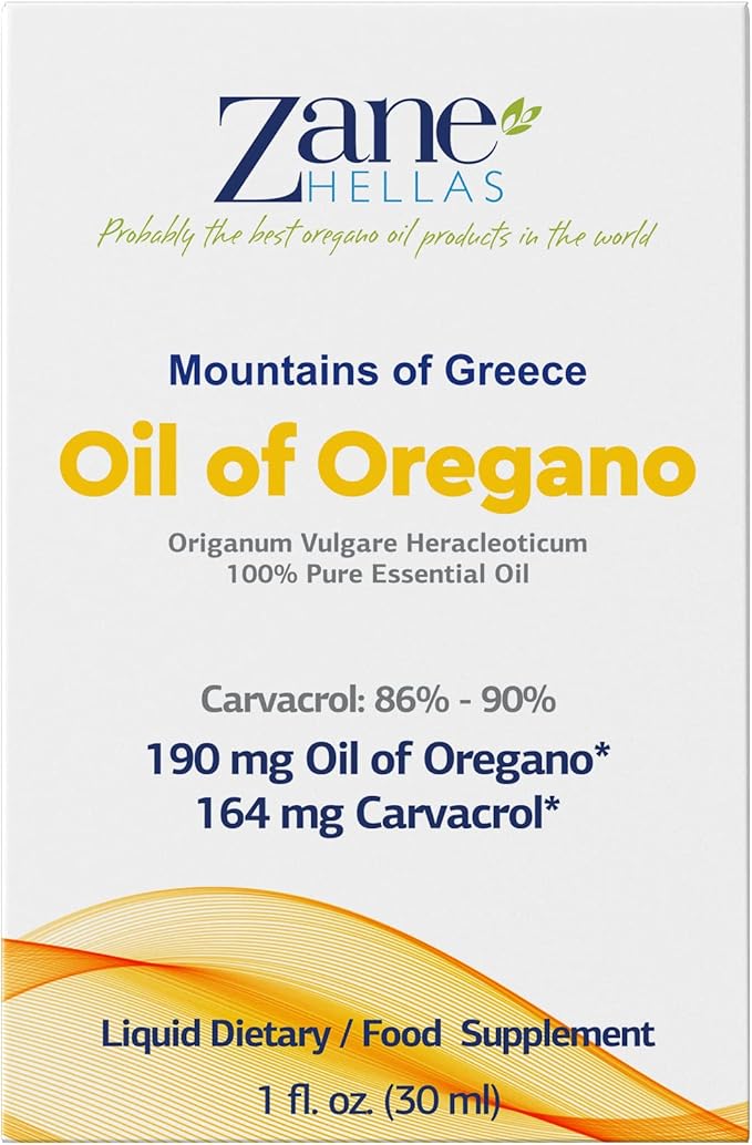 Zane Hellas 190 mg Oregano Oil-164 mg Carvacrol per Serving-4 Drops Daily. 100% Greek Undiluted Oil of Oregano. 86%-90% Min Carvacrol. Probably The Best Oregano Oil in The World. 1 fl. oz.- 30ml