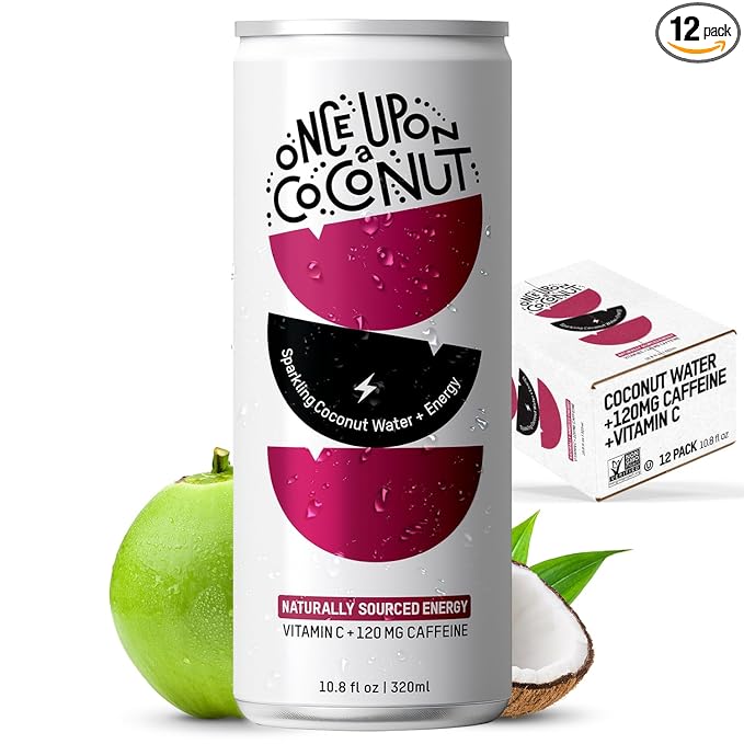 Once Upon a Coconut Premium Coconut Water 1L - Low Calorie All-Natural Drink with Electrolytes - Non-GMO - Gluten-Free - Parent (10.8 Fl Oz (Pack of 12) Sparkling Coconut Water + Energy (12pk))
