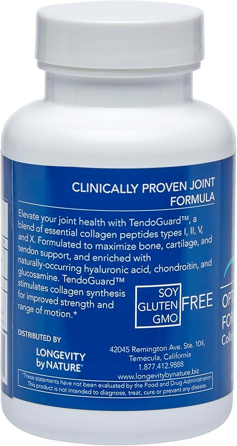 Longevity by Nature TendoGuard Joint Support Supplement with Collagen Peptides Hyaluronic Acid Supplements Tendon and Ligament 60 Capsules