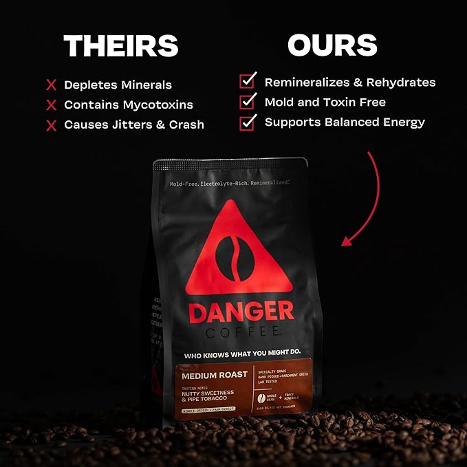 Danger Coffee by Dave Asprey Remineralized Mold Free &amp Lab Tested Whole Bean Coffee Medium Roast 10.9 Ounce