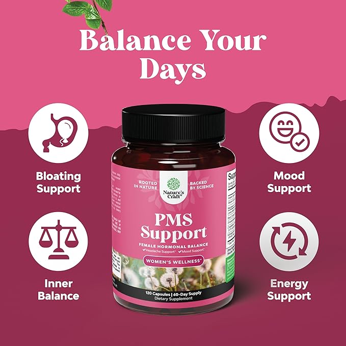 PMS Support Supplement for Women – Hormone Balance for Women &amp Menstrual Discomfort with DIM Chasteberry Black Cohosh &amp Ashwagandha - for Period Cramps Ease Menopause Bloating Mood Swing –