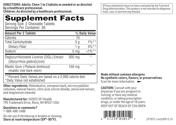 Klaire Labs SFI Health Mastic Gum/DGL Licorice Chewable Tablets - Cinnamon-Flavored - Support GI Function &amp Digestive Comfort - Gentle Deglycyrrhizinated &amp Rhizome Licorice Supplement (60 Tabl