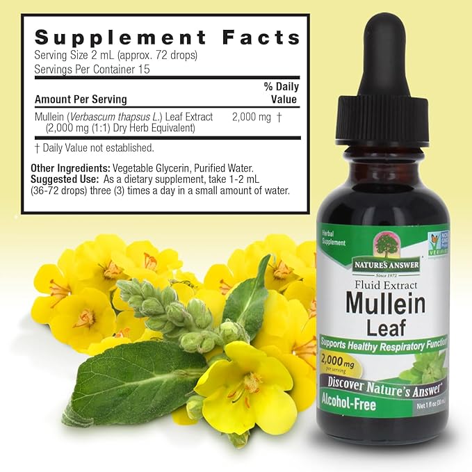 Nature's Answer Mullein Leaf | Herbal Supplement | Supports Respiratory Function &amp Mucous Membranes | Non-GMO &amp Kosher | Gluten-Free &amp Alcohol-Free 1oz (2 Pack)