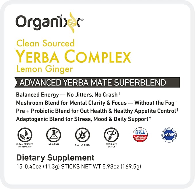 Organixx Clean Sourced Yerba Complex Yerba Mate Superblend Powder Drink Mix With Ashwagandha Natural Caffeine Pre &amp Probiotics &amp Fiber Dairy and Gluten Free Lemon Ginger 15 Travel Packe