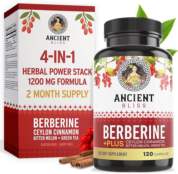 Ancient Bliss Berberine HCL 1200mg with Ceylon Cinnamon Bitter Melon and Green Tea Extract - 120 Capsules