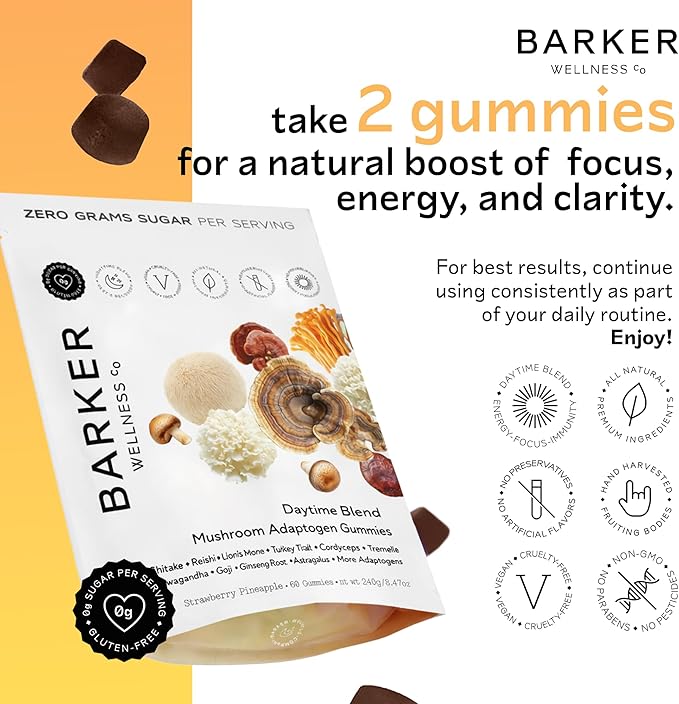 Barker Wellness Daytime Sugar-Free Adaptogen Mushroom Gummies - Lion's Mane Cordyceps Reishi &amp Shiitake | Vegan Immune System Support Natural Energy Enhanced Focus &amp Mood for Adults | 60