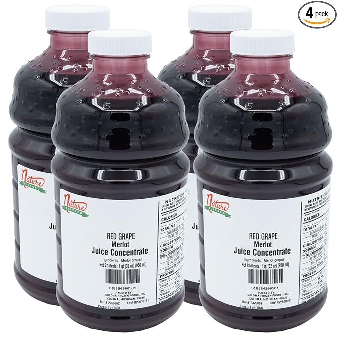 Nature Blessed 100% Pure Merlot Red Grape Fruit Juice Concentrate - 4 Quarts (4/2 fl oz bottles) Excellent for Home Brewers or Vintners Spirits Smoothies