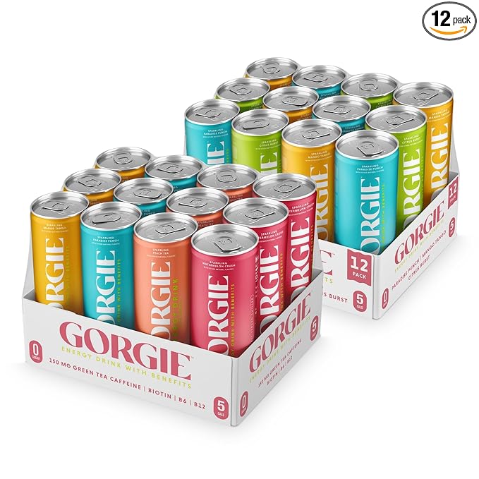 GORGIE Variety - Tropical Variety Bundle Sugar-Free Natural Energy Drink Sparkling Healthy Energy Drinks - Green Tea Biotin B Vitamins Vegan &amp Low Calorie (2 Packs of 12)