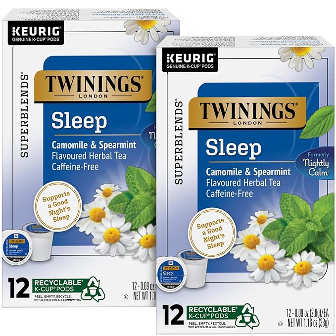 Twinings Nightly Calm Herbal Tea K-Cup Pods for Keurig - Sleep Tea Bedtime Caffeine-Free Tea Blend Soothing Chamomile Relaxing Spearmint Subtle Lemongrass Flavor 12 Count (Pack of 2)