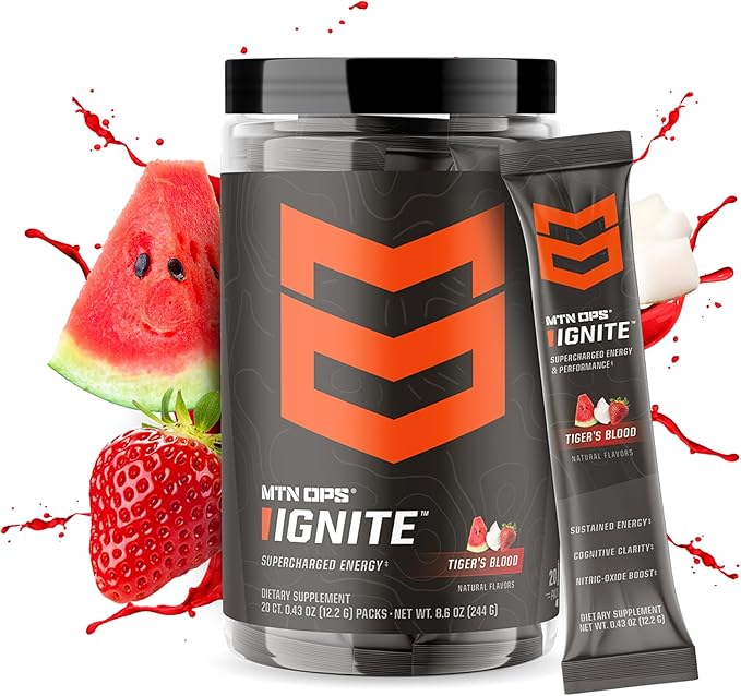 MTN OPS Ignite Sugar Free Energy Drink Powder Trail Packs with 200mg Caffeine Travel Pre Workout Packets for to-Go Energy Nootropic Blend L Arginine &amp L Citrulline 20 Servings Tiger's Blood