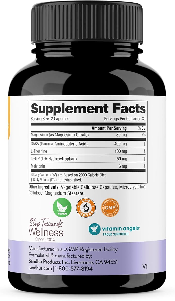 Sandhu's Sleep 60 Capsules –Non-Habit Forming 5-in-1 Sleep Aid Supplement with Melatonin Magnesium GABA L-Theanine &amp 5-HTP