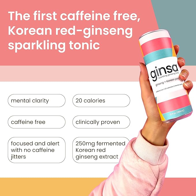 ginsa Sparkling Ginseng Energy Drink with Korean Red Ginseng | Natural Energy Booster | Non-GMO Supports Focus &amp Clarity with Pure Ginseng Root No Caffeine | 12 Pack | 12oz | Korean Pear Flavor