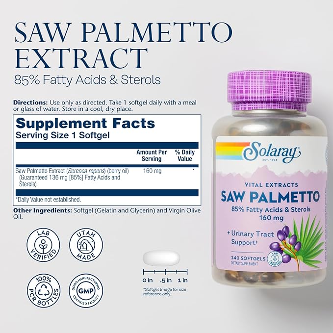 SOLARAY Saw Palmetto Extract - Prostate Health and Urinary Tract Support - 136 mg Fatty Acids and Sterols - Lab Verified 60-Day Money-Back Guarantee (240 Servings 240 Softgels)