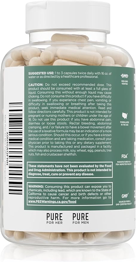 Pure for Men Daily Psyllium Husk Fiber Supplement Pure for Her | Digestive Regularity &amp Gut Health Support | Soluble Fiber Powder 2175mg Per Serving | 250 Capsules (2 Pack)