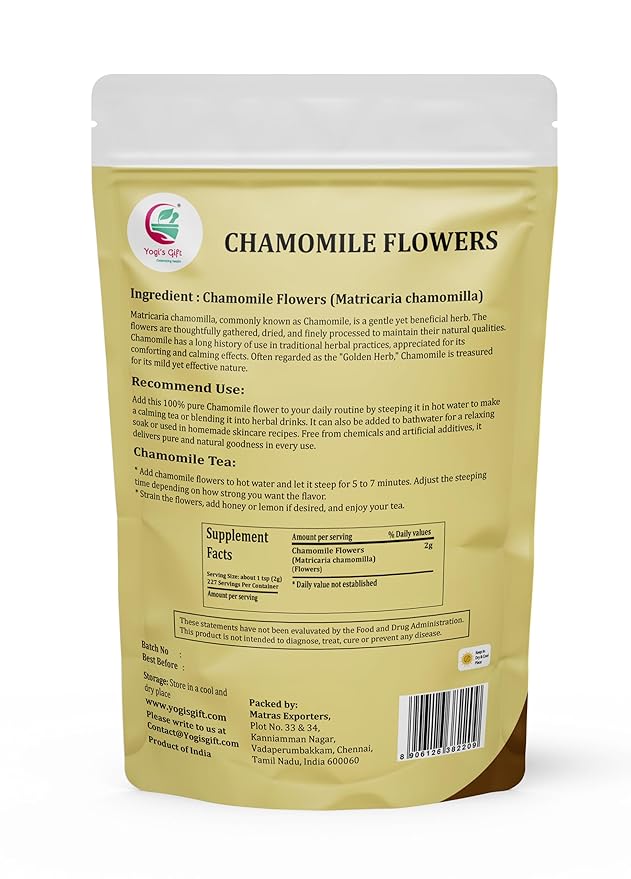 Chamomile Flowers 1 LB 100% Natural Loose Leaf Chamomile Tea Whole Dried Flowers for Herbal Tea 1 LB Bulk Pack Resealable Bag for Freshness - By Yogi’s Gift®