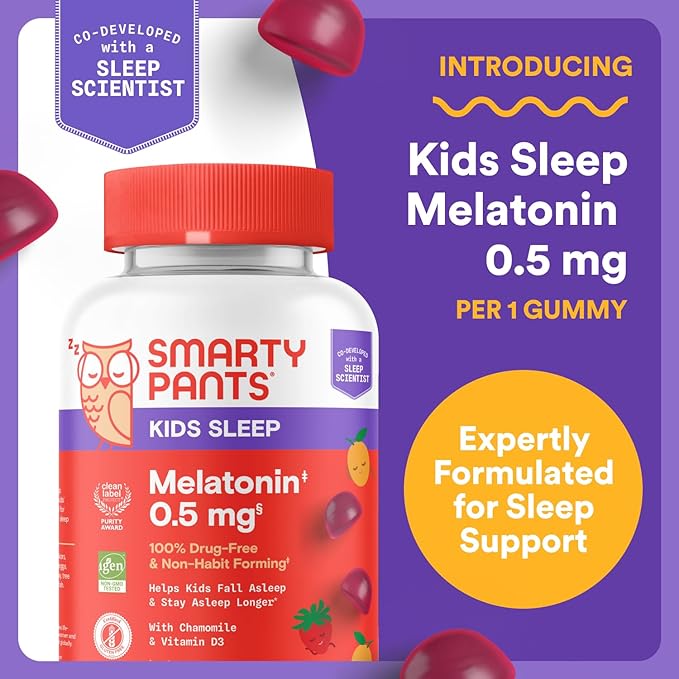 SmartyPants Kids Sleep Gummies Supplement with Melatonin 0.5mg: Chamomile &amp Vitamin D3 Sleep Aid Strawberry Mango Flavor 60 Count