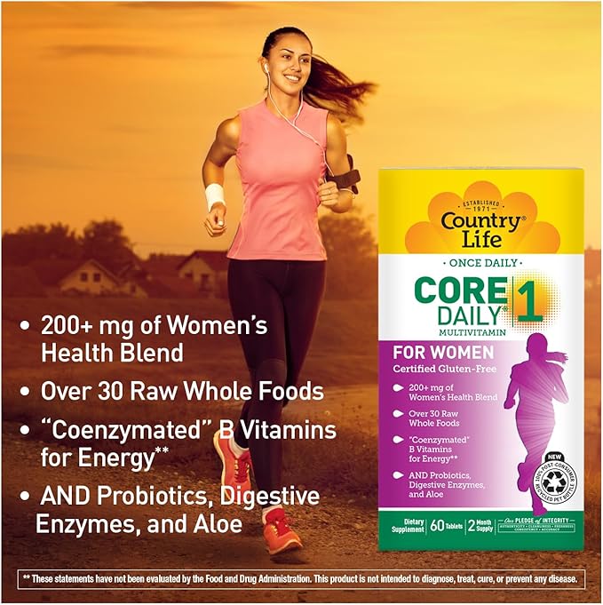 Country Life Women’s Core 1 Daily Multivitamin with Iron Cranberry Probiotics and Digestive Enzymes-Certified Gluten-Free Formula for Energy Immune Support and Complete Digestive Health60 Tablets