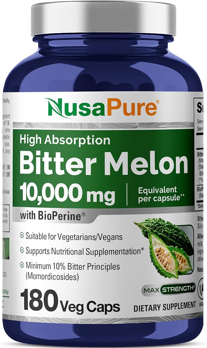 NusaPure Bitter Melon Extract 10000 mg 180 Vegan Caps (100% Vegetarian Non-GMO Gluten-Free 10% Bitter Principles) Bioperine