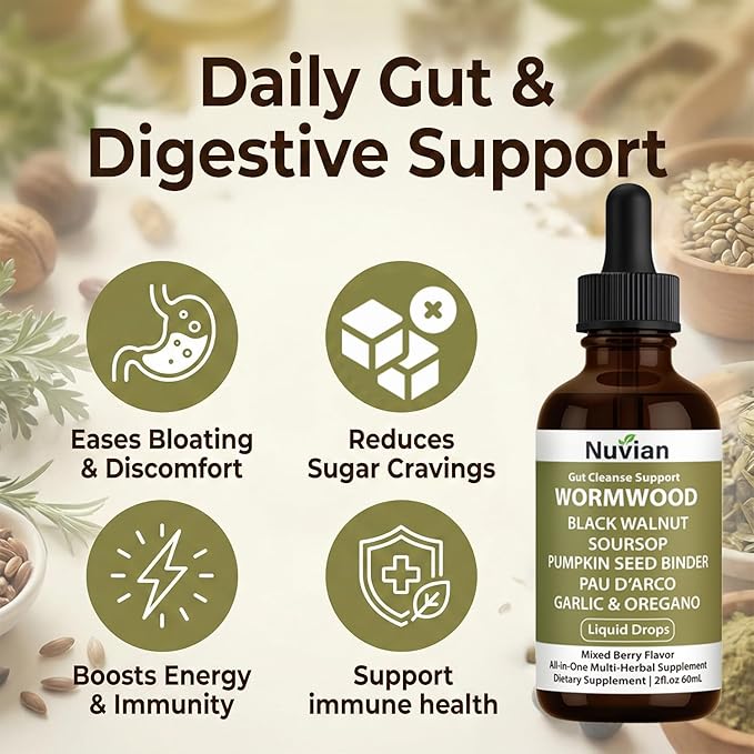 NUVIAN Prozen Wormwood Gut Cleanse Liquid Drops Black Walnut Wormwood Clove Gut Cleanse &amp Digestive Health with Soursop PAU D'Arco Pumpkin Seed Garlic Oregano Energy Boost2 fl oz