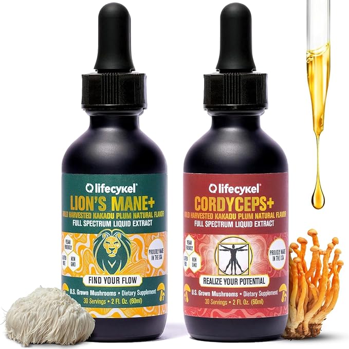 Life Cykel Cordyceps +Lion's Mane Extract Performance Pack - Organic Mushroom Supplement for Energy Focus &amp Mental Clarity - USA Made Pure &amp Potent Mushroom Liquid Drops for Adults