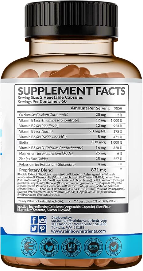 28 in 1 Calm Mood Support Supplement- Natural Happy Pills for Occasional Anxiousness &amp Stress Worry feelings Relaxation Mental Clarity | Max Sleep &amp Mood Support for Women &amp Men|120 Veg