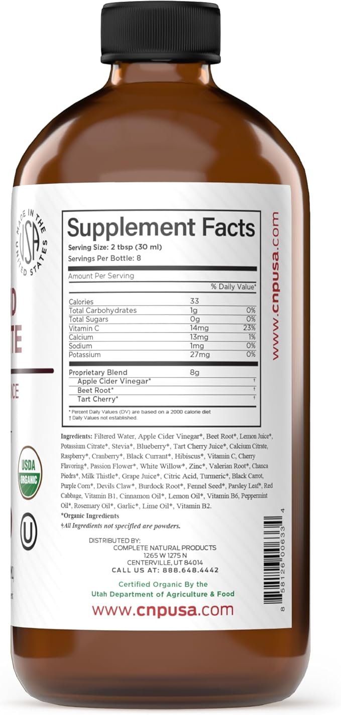 Complete Natural Products Uric Acid Complete - 8oz Liquid Supplement to Support Uric Acid Cleanse Kidney Health &amp Circulation with Apple Cider Vinegar Tart Cherry &amp Beet Root.