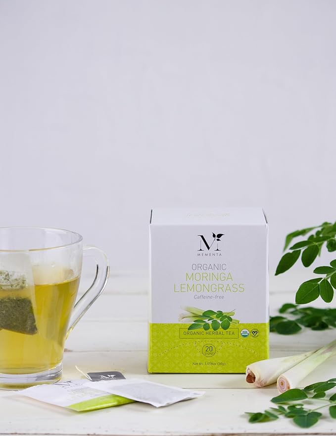Mementa Inc Organic Moringa Lemongrass Herbal Tea Bags - 20 Individually Wrapped Bags Per Box Pack of 6 Boxes - Premium Natural Ingredients for a Refreshing and Healthy Beverage