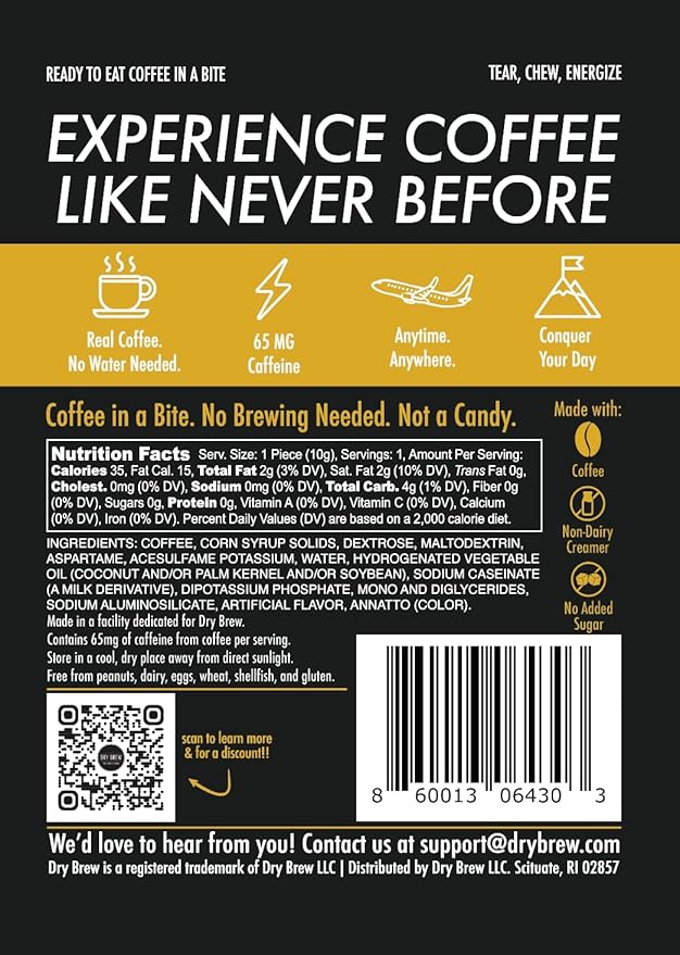 Dry Brew Coffee in a Bite Chewy Ready to Eat 65mg Caffeine each Non-dairy Creamer - 15 Bites