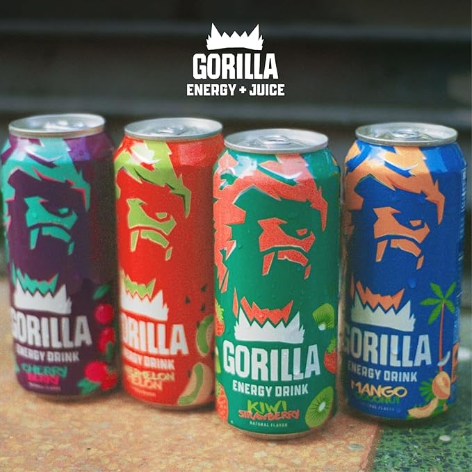 Gorilla Energy Drink Variety Pack 200mg Natural Caffeine Real Fruit Juice Squeezed &amp Concentrated L-Theanine Taurine Ginseng Acetyl L-Carnitine No Added Sugar and No Artificial Colors 12