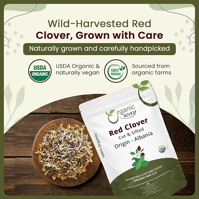 Organic Way Red Clover Flower Cut &amp Sifted (Trifolium Pratense) Herbal Tea | European Wild-Harvest | Organic &amp Kosher Certified | USDA Certified | Origin - Albania (1/2LBS | 8Oz)