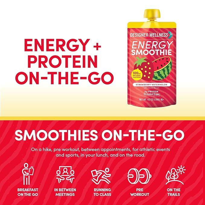 Designer Wellness Energy Smoothie Real Fruit 100mg Natural Caffeine 5g Protein Low Carb Zero Added Sugar Gluten-Free Strawberry Watermelon 12 Count
