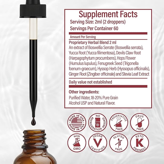 Joint + Muscle Liquid Support - Natural Herbal Blend - For Joint Support Cartilage Mobility &amp Heart Health - Fast-Acting Liquid Supplement - 98% Absorption - Made in the USA - 30-Day Supply