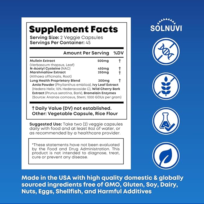 Mullein Leaf Extract &amp NAC Lung Detox Cleanse- N-Acetyl Cysteine Marshmallow Root Bromelain - Lung Health Sinus Mucus Removal Support Supplement for Smokers - 90 Capsules Non-GMO Gluten-Free