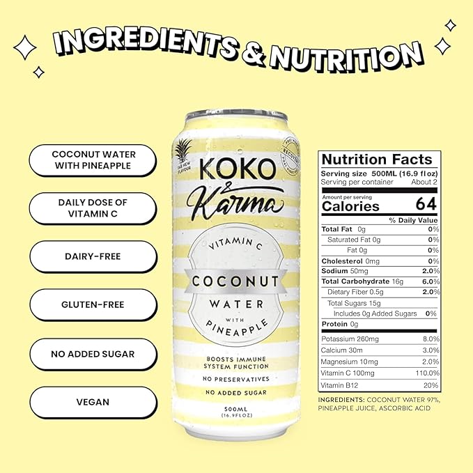 Koko &amp Karma – Premium Coconut Water with Pineapple &amp Vitamin C Refreshing Taste with Natural Sweetness – 12 Pack 16.9 Ounce Cans